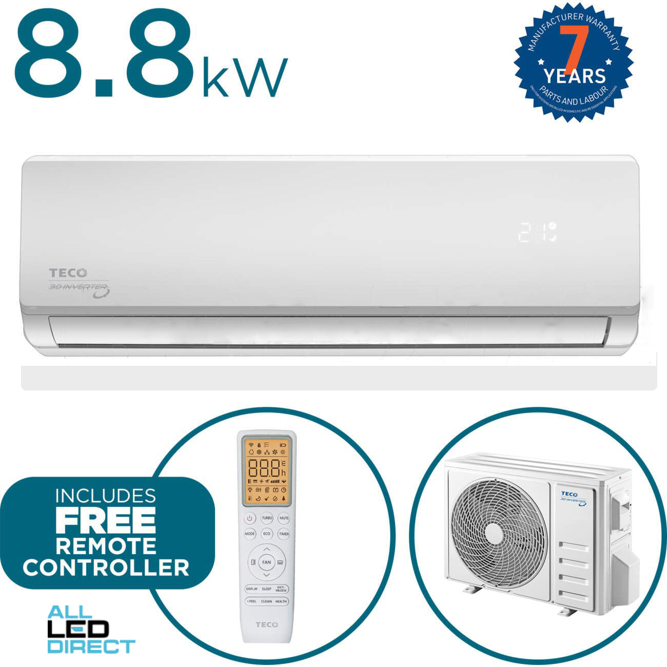 TECO 8.8kW Cool 8.8kW Heat Inverter Hi-Wall Indoor/Outdoor Air Conditioning Unit - WIFI Enabled