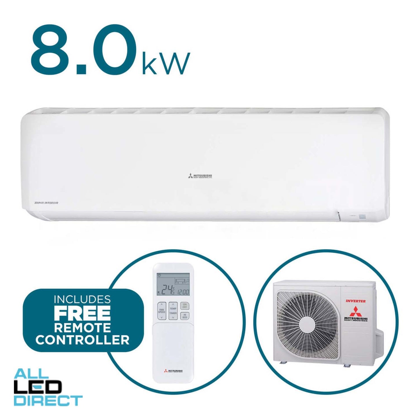 Mitsubishi 8.0kW Cool 9.0kW Heat Inverter BRONTE Hi-Wall Indoor/Outdoor Air Conditioning Unit