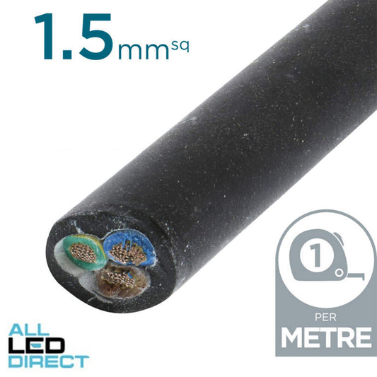 Power Flex Cables 1.5mm 2 Core & Earth H07 Rubber Insulated Cable Black Per Metre