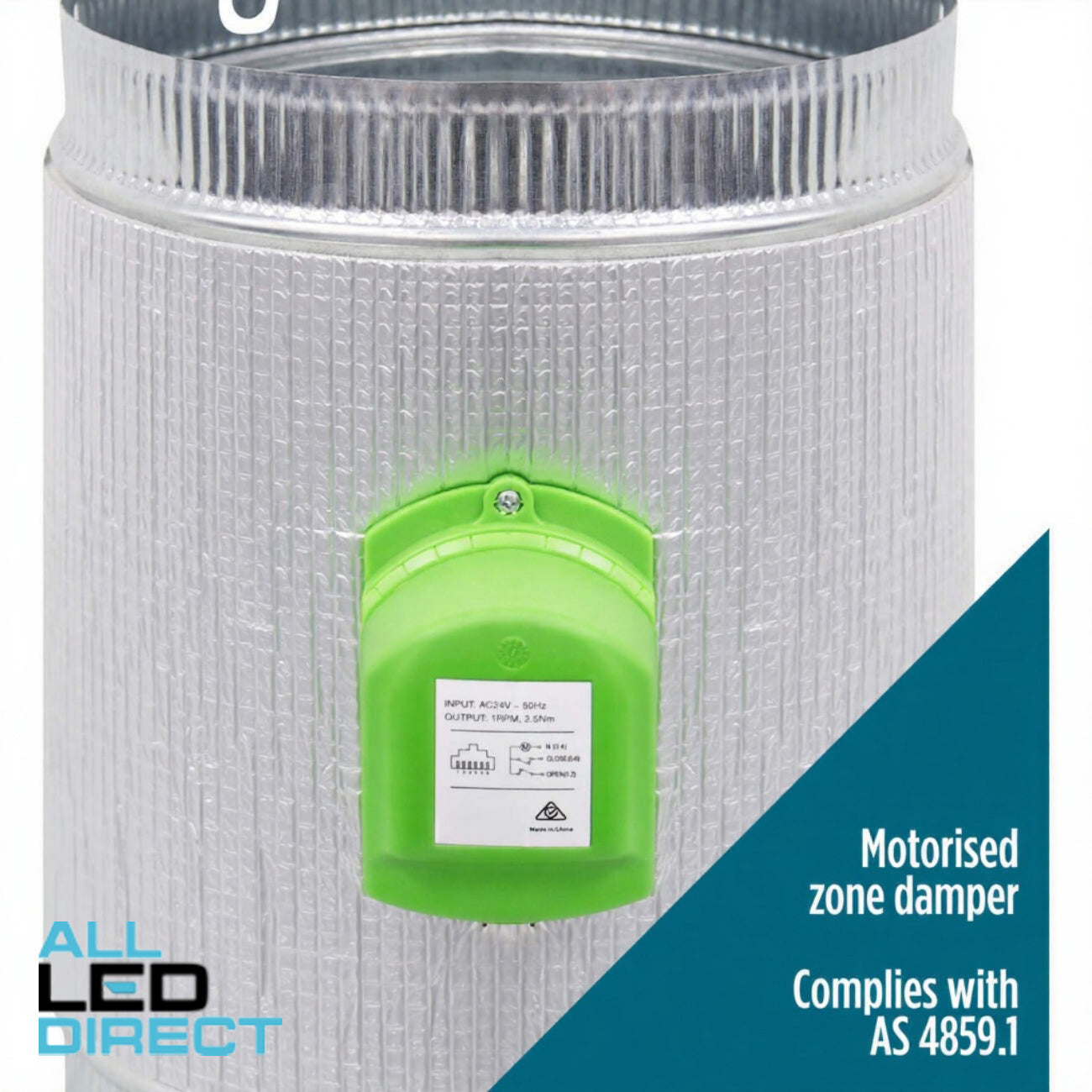 Powerwave Air 200mm Metal Zone Damper Fitted With 24VAC DODC RJ12 Actuator & 10 Metre Cable