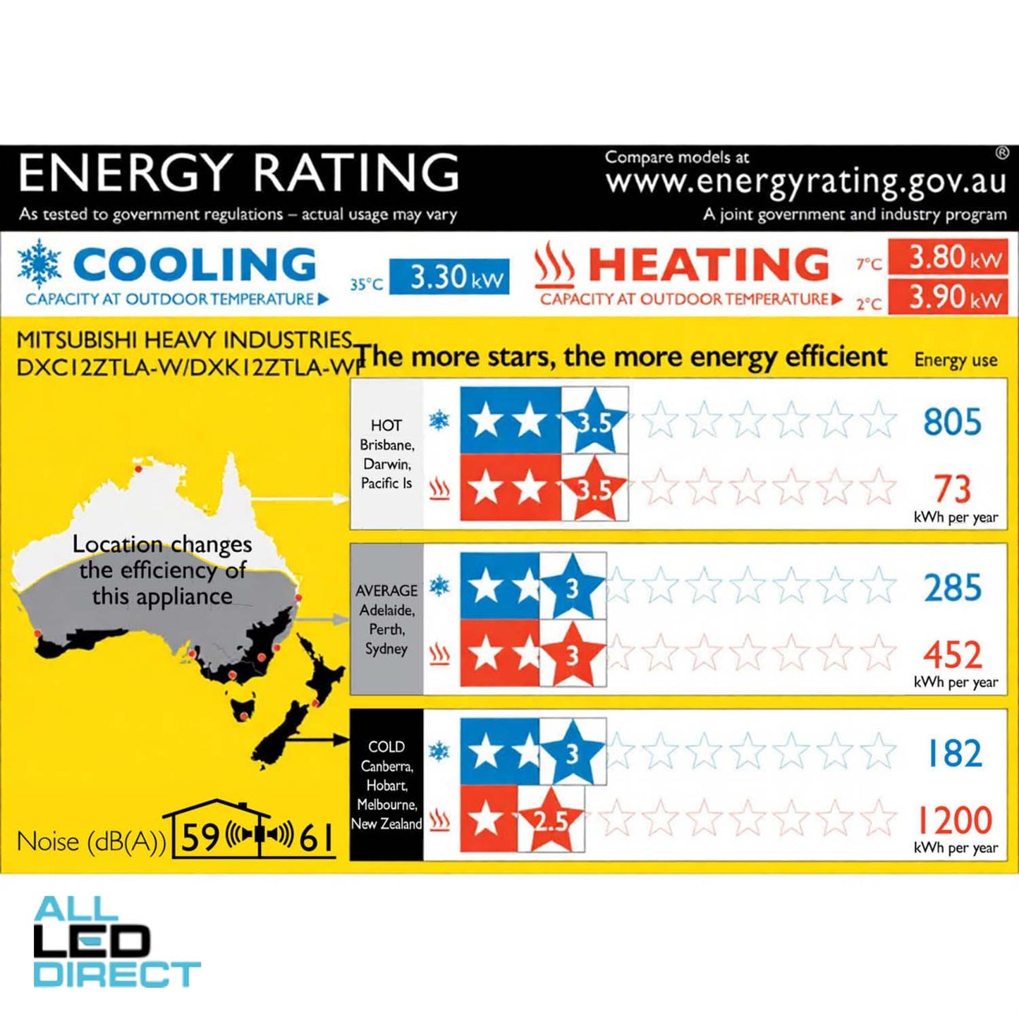 Mitsubishi 3.3kW Cool 3.8kW Heat Inverter CIARA Hi-Wall Indoor/Outdoor Air Conditioning Unit - WIFI Enabled