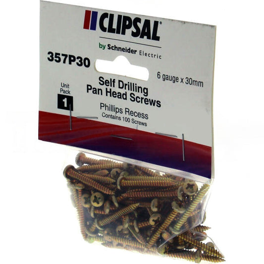 Clipsal 6 Gauge x 30mm Self Drill Pan Head Screw Packet 100