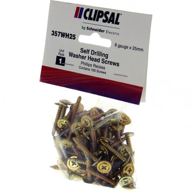 Clipsal 8 Gauge x 25mm Self Drill Washer Head Screw 100 Packet