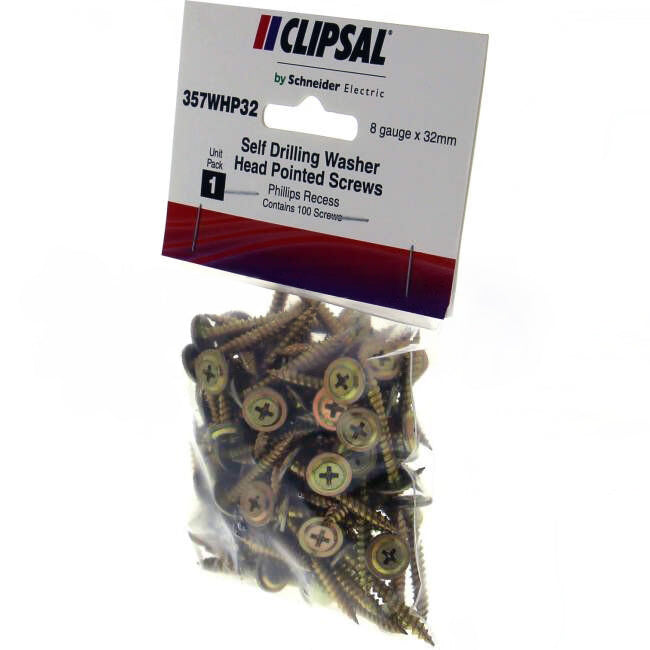 Clipsal 8 Gauge x 32mm Self Drill Washer Head Screw 100 Packet