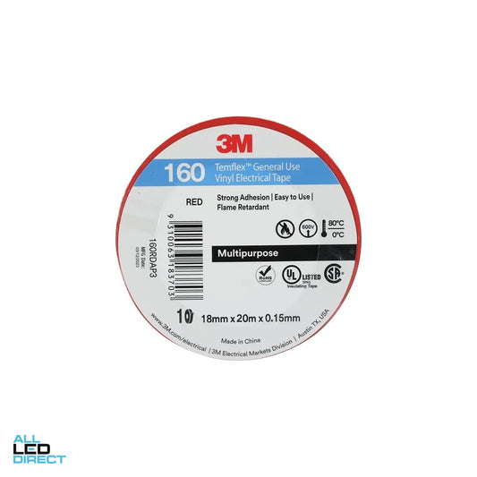 3M 160 TEMFLEX Vinyl 18mm x 20m Electrical Tape Red ALL LED Direct
