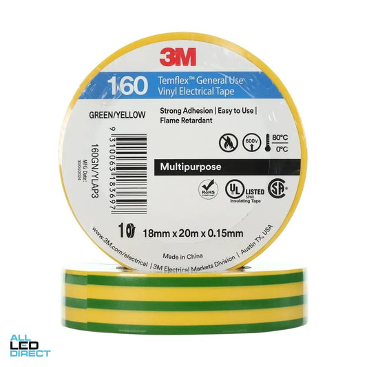 3M 160 TEMFLEX Vinyl 18mm x 20m Electrical Tape Green/ Yellow ALL LED Direct