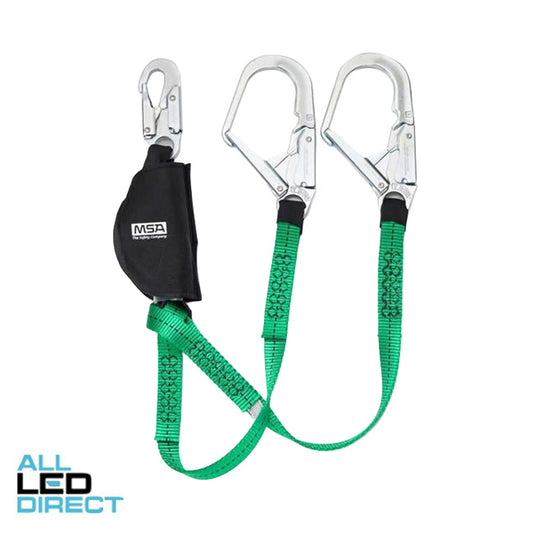 MSA V-SERIES 2 Metre Twin Leg Webbing Shock Absorbing Lanyard With Adjustable 2 x Steel Scaffold Hooks