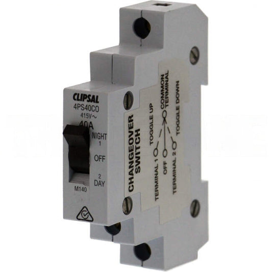 Clipsal 40 Amp 1 Pole Din Rail Mount Isolation Changeover Switch Engraved With DAY/OFF/NIGHT