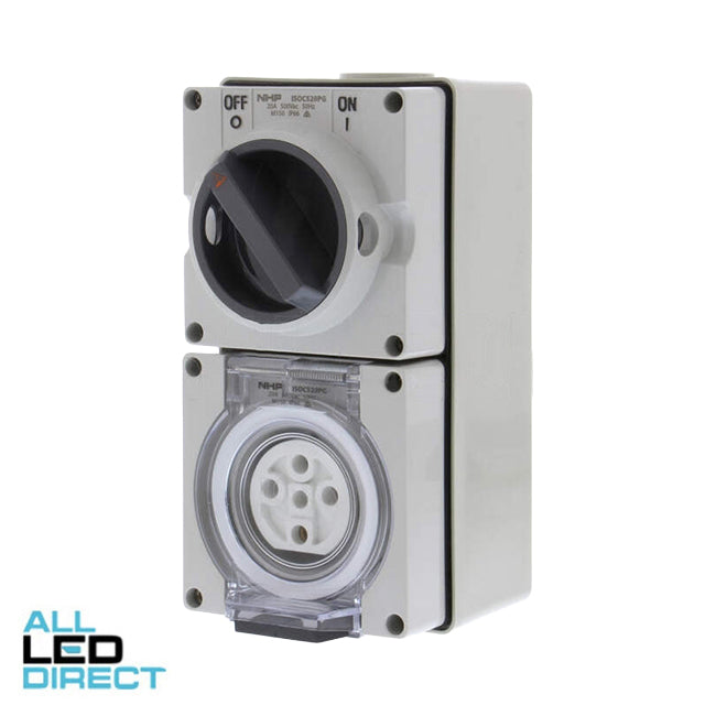 NHP 20 Amp 3 Phase 5 Round Pins Industrial Switched Outlet Grey