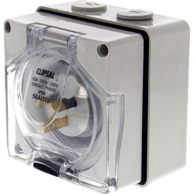 Clipsal 10 Amp 56 SERIES Single Phase 3 Flat Pin IP66 Industrial Inlet Socket With Flap Grey