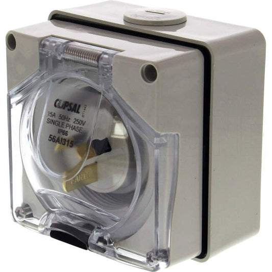 Clipsal 15 Amp 56 SERIES Single Phase 3 Flat Pin IP66 Industrial Inlet Socket With Flap Grey