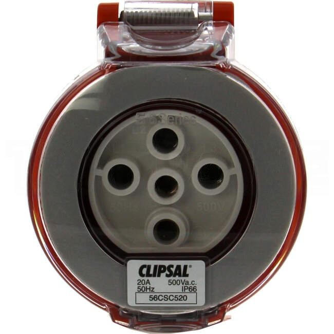 Clipsal 20 Amp 56 SERIES 3 Phase 5 Round Pins IP66 Industrial Straight Extension Socket Orange