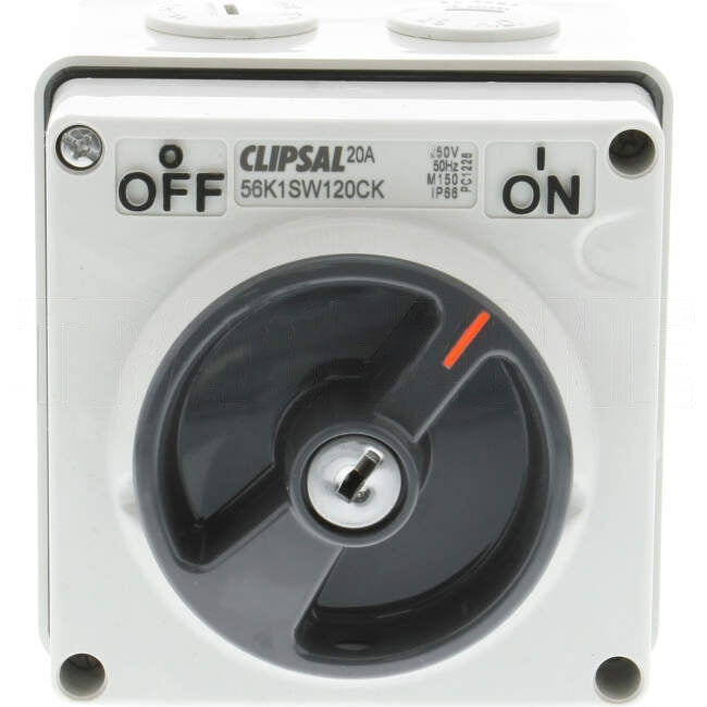 Clipsal 20 Amp 56 SERIES 1 Pole IP66 Lockable In Off Position Common Key Industrial Isolator Grey