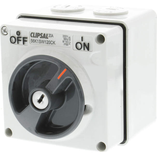 Clipsal 20 Amp 56 SERIES 1 Pole IP66 Lockable In Off Position Common Key Industrial Isolator Grey