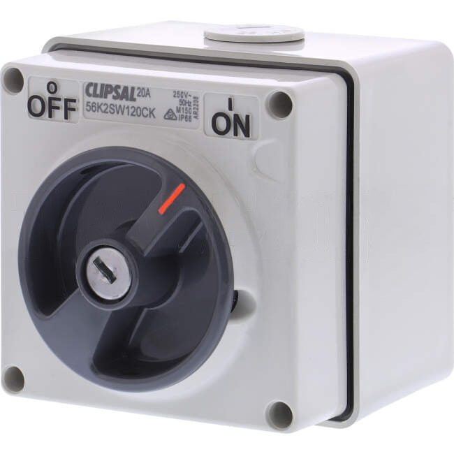 Clipsal 20 Amp 56 SERIES 1 Pole IP66 Lockable In On & Off Position Common Key Industrial Isolator Grey