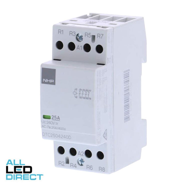 NHP 8.5 Amp to 25 Amp 4 Pole 5.4kW Din Mount Contactor With 240 Volt AC Coil & 4 x N/C Auxiliary Contacts