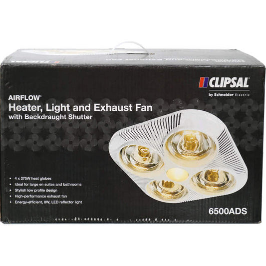 Clipsal AIRFLOW 275 Watt 3 In 1 Bathroom Heater Lamp Light & Exhaust Fan White With 4 Heat & 1 Light