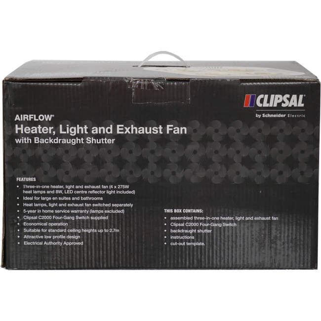 Clipsal AIRFLOW 275 Watt 3 In 1 Bathroom Heater Lamp Light & Exhaust Fan White With 4 Heat & 1 Light