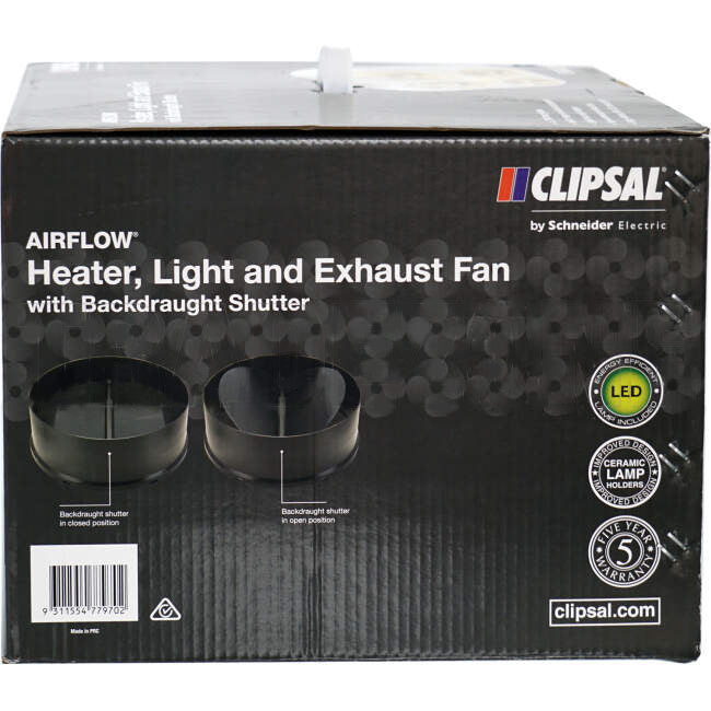 Clipsal AIRFLOW 275 Watt 3 In 1 Bathroom Heater Lamp Light & Exhaust Fan White With 4 Heat & 1 Light