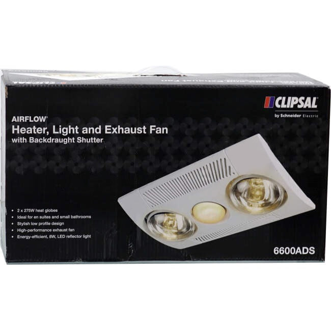 Clipsal 3 In 1 Bathroom Heater Lamp Light & Exhaust Fan White With 2 Heat & 1 Light With Inbuilt activestopper