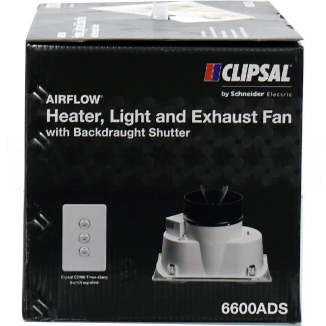 Clipsal 3 In 1 Bathroom Heater Lamp Light & Exhaust Fan White With 2 Heat & 1 Light With Inbuilt Draftstopper