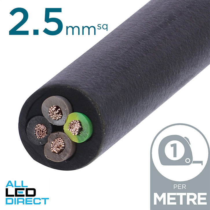 Power Flex Cables 2.5mm 3 Core & Earth H07 Rubber Insulated Cable Black Per Metre