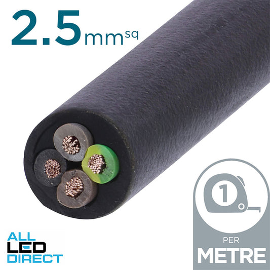 Power Flex Cables 2.5mm 3 Core & Earth H07 Rubber Insulated Cable Black Per Metre