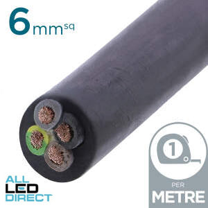 Power Flex Cables 6mm 3 Core & Earth H07 Rubber Insulated Cable Black Per Metre