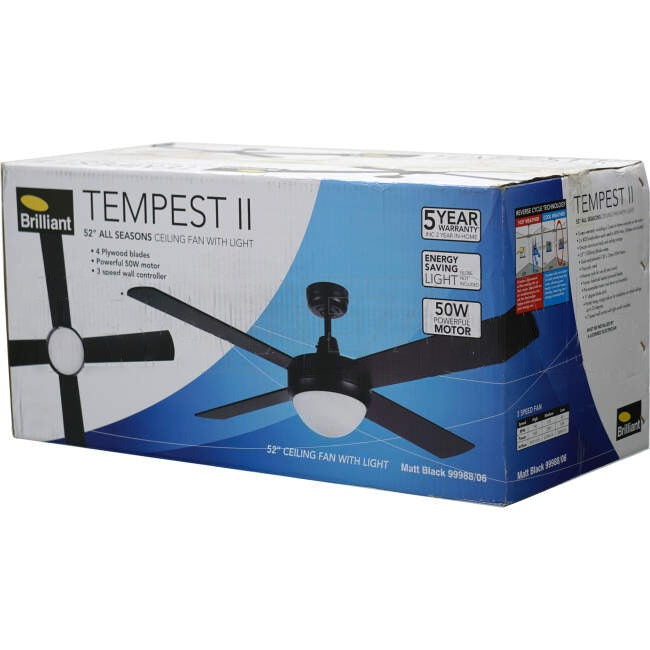 Brilliant 1320mm (52') TEMPEST II 4 Blade Ceiling Sweep Fan With Plywood Blades & Light Black