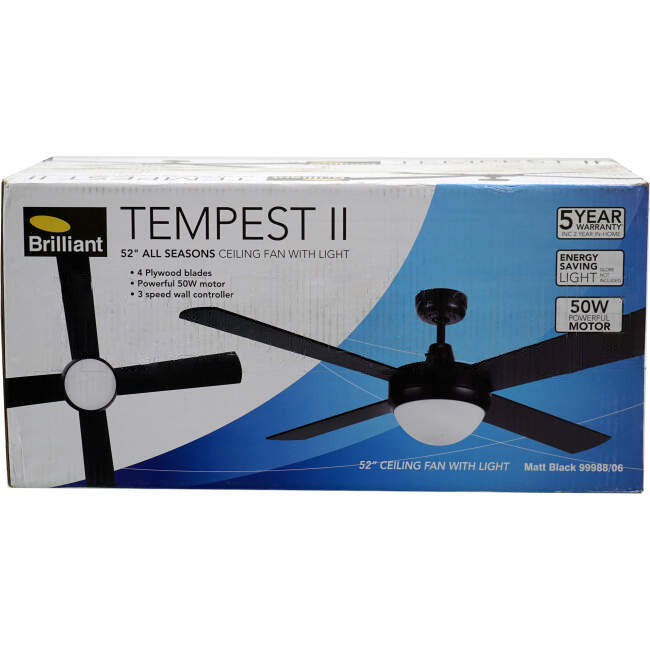 Brilliant 1320mm (52') TEMPEST II 4 Blade Ceiling Sweep Fan With Plywood Blades & Light Black