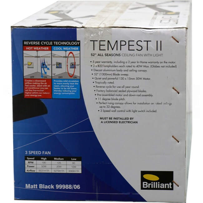 Brilliant 1320mm (52') TEMPEST II 4 Blade Ceiling Sweep Fan With Plywood Blades & Light Black