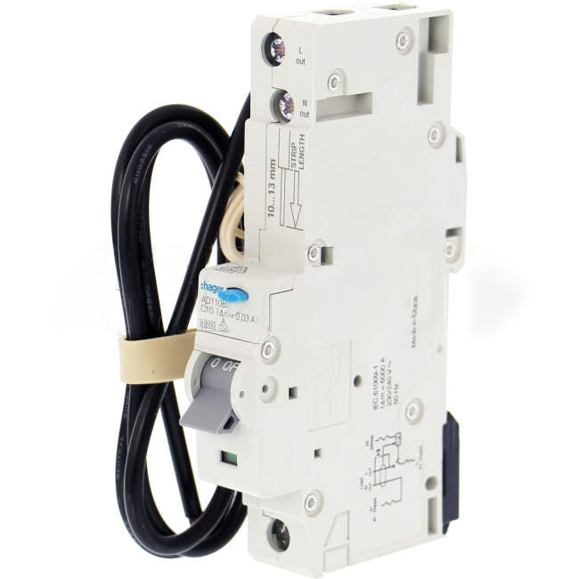 Hager 10 Amp Miniature Circuit Breaker & Residual Current Device MCB/RCD RCBO C Curve 1 Pole 10kA 30mA