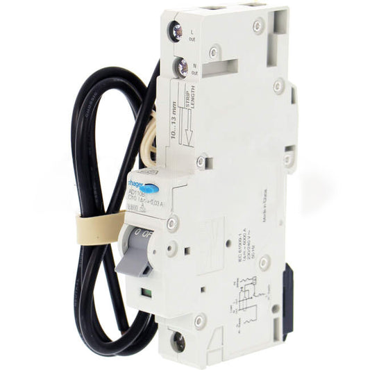 Hager 10 Amp Miniature Circuit Breaker & Residual Current Device MCB/RCD RCBO C Curve 1 Pole 10kA 30mA