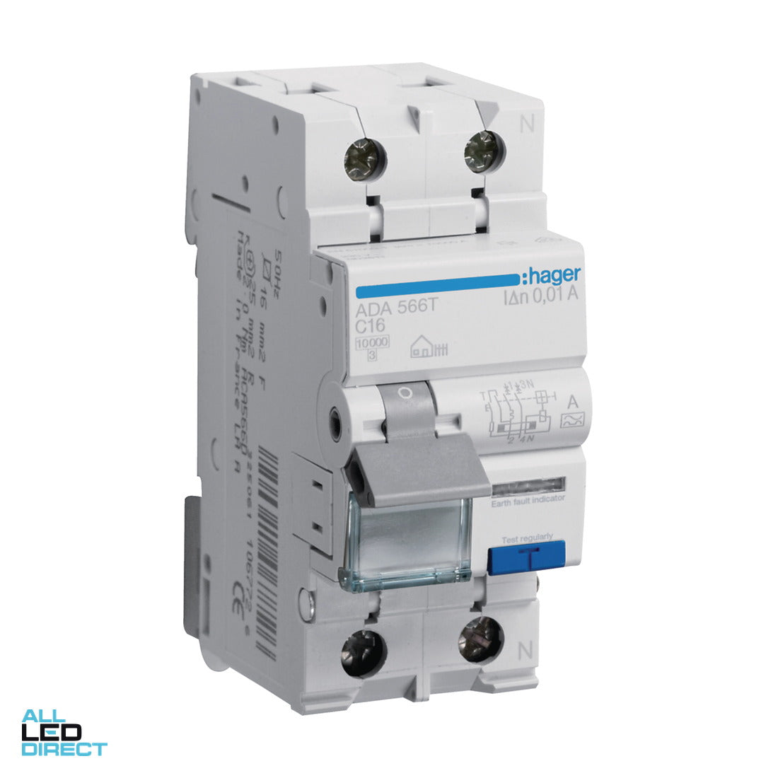 Hager 16 Amp A Class Miniature Circuit Breaker & Residual Current Device MCB/RCD RCBO C Curve 1 Pole + N 10kA 30mA ALL LED Direct