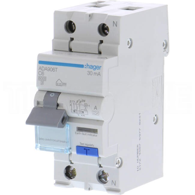 Hager 6 Amp Miniature Circuit Breaker & Residual Current Device MCB/RCD RCBO C Curve 2 Pole 6kA 30mA