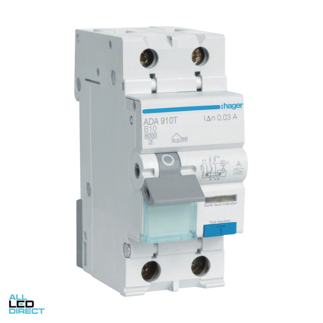 Hager 10 Amp A Class Miniature Circuit Breaker & Residual Current Device MCB/RCD RCBO C Curve 2 Pole 6kA 30mA ALL LED Direct