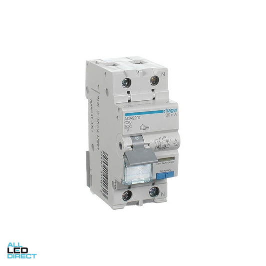 Hager 20 Amp A Class Miniature Circuit Breaker & Residual Current Device MCB/RCD RCBO C Curve 2 Pole 6kA 30mA ALL LED Direct
