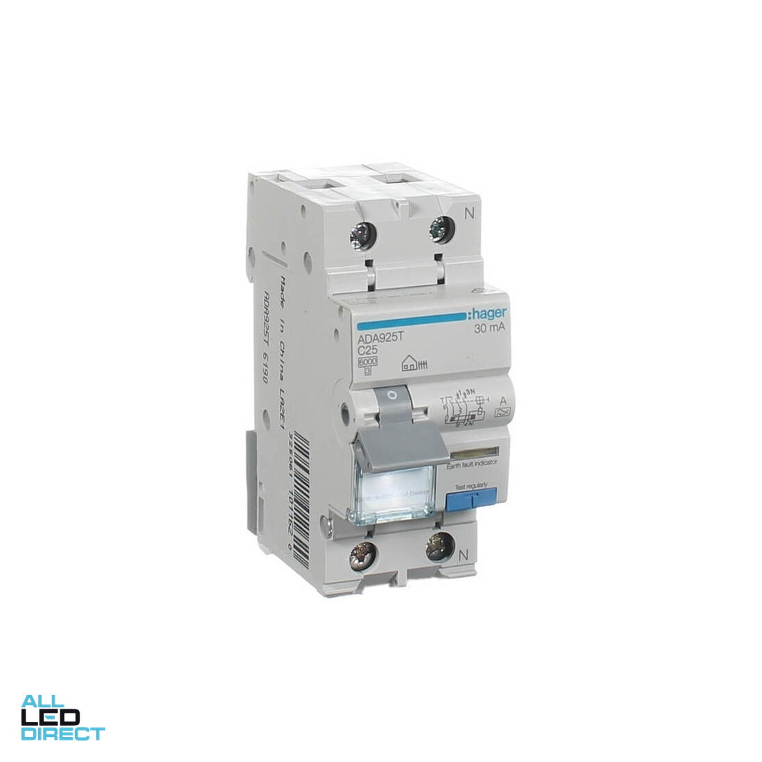 Hager 25 Amp A Class Miniature Circuit Breaker & Residual Current Device MCB/RCD RCBO C Curve 2 Pole 6kA 30mA ALL LED Direct