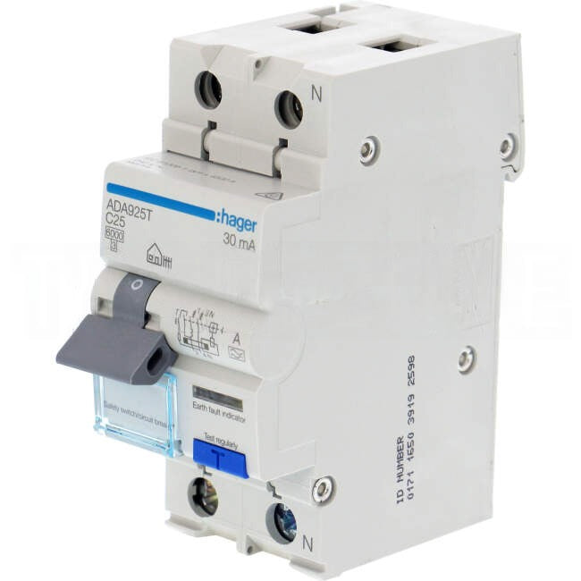 Hager 25 Amp A Class Miniature Circuit Breaker & Residual Current Device MCB/RCD RCBO C Curve 2 Pole 6kA 30mA