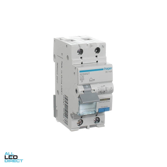 Hager 32 Amp A Class Miniature Circuit Breaker & Residual Current Device MCB/RCD RCBO C Curve 2 Pole 6kA 30mA ALL LED Direct