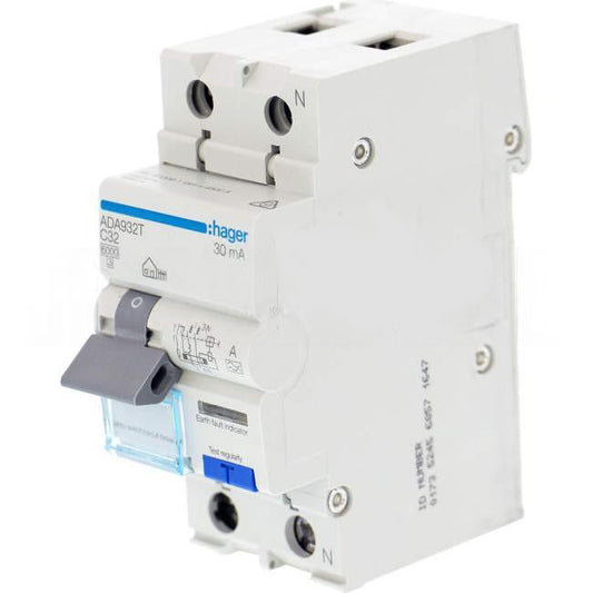 Hager 32 Amp A Class Miniature Circuit Breaker & Residual Current Device MCB/RCD RCBO C Curve 2 Pole 6kA 30mA