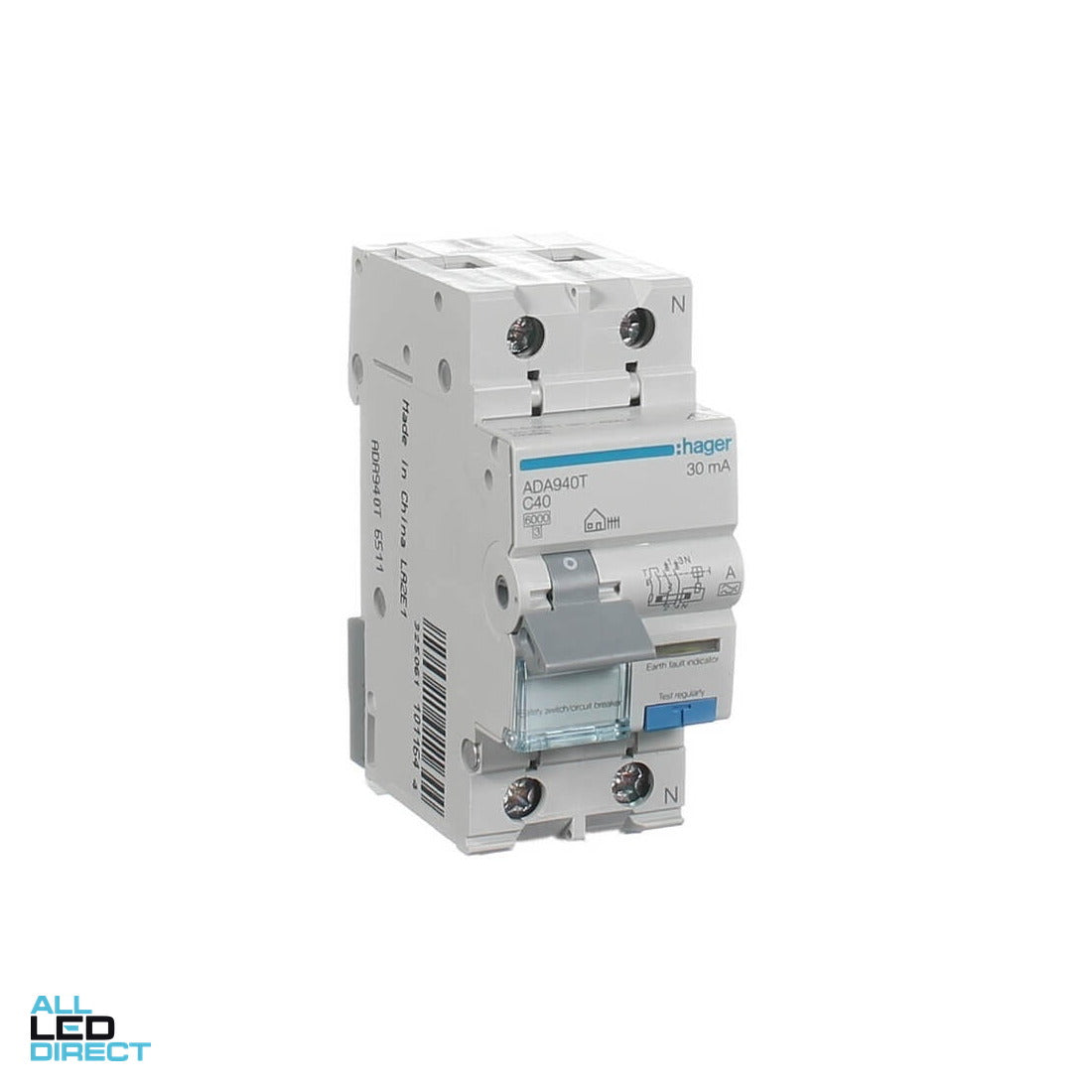 Hager 40 Amp A Class Miniature Circuit Breaker & Residual Current Device MCB/RCD RCBO C Curve 2 Pole 6kA 30mA ALL LED Direct