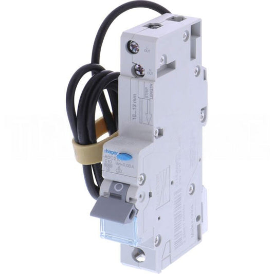 Hager 10 Amp Miniature Circuit Breaker & Residual Current Device MCB/RCD RCBO C Curve 1 Pole Type A 6kA 30mA