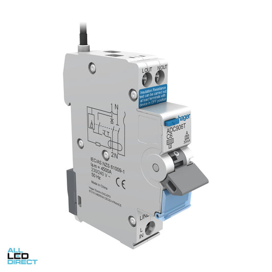 Hager 6 Amp Miniature Circuit Breaker & Residual Current Device MCB/RCD RCBO C Curve 1 Pole 6kA 30mA ALL LED Direct