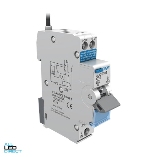 Hager 10 Amp Miniature Circuit Breaker & Residual Current Device MCB/RCD RCBO C Curve 1 Pole 6kA 30mA ALL LED Direct