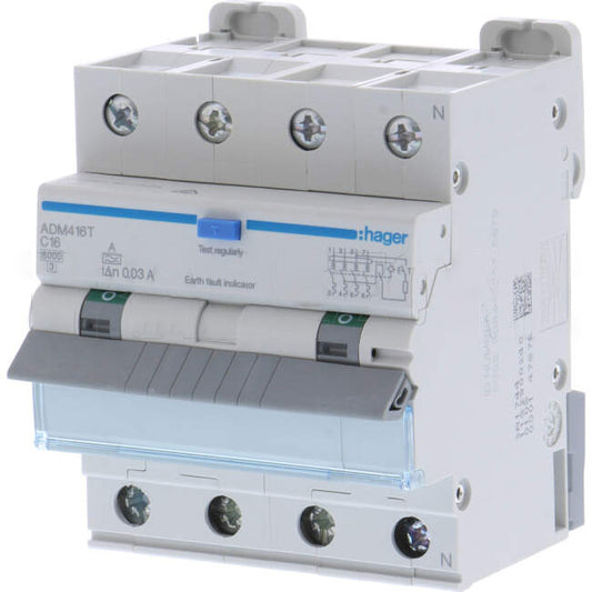 Hager 16 Amp Miniature Circuit Breaker & Residual Current Device MCB/RCD RCBO C Curve 4 Pole 6kA 30mA