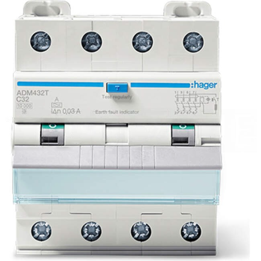 Hager 20 Amp Miniature Circuit Breaker & Residual Current Device MCB/RCD RCBO C Curve 4 Pole 6kA 30mA