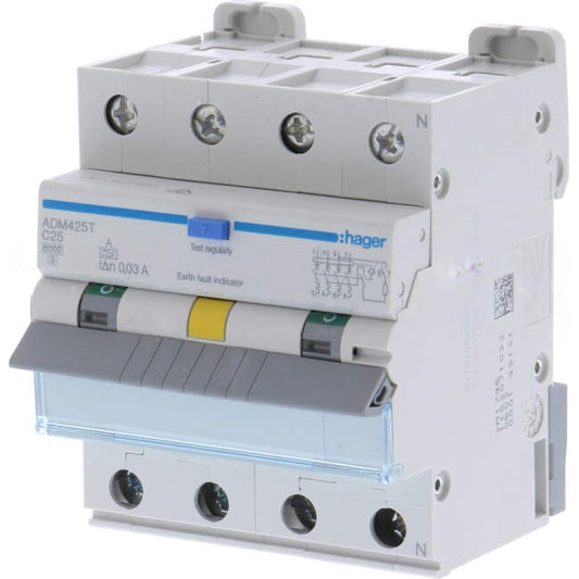 Hager 25 Amp Miniature Circuit Breaker & Residual Current Device MCB/RCD RCBO C Curve 4 Pole 6kA 30mA