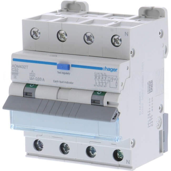 Hager 32 Amp Miniature Circuit Breaker & Residual Current Device MCB/RCD RCBO C Curve 4 Pole 6kA 30mA