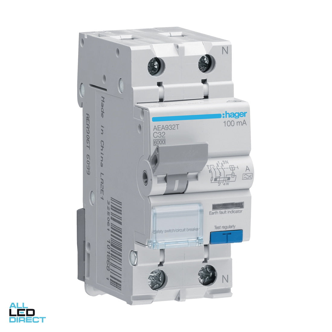 Hager 32 Amp Miniature Circuit Breaker & Residual Current Device MCB/RCD RCBO C Curve 2 Pole 6kA 100mA ALL LED Direct